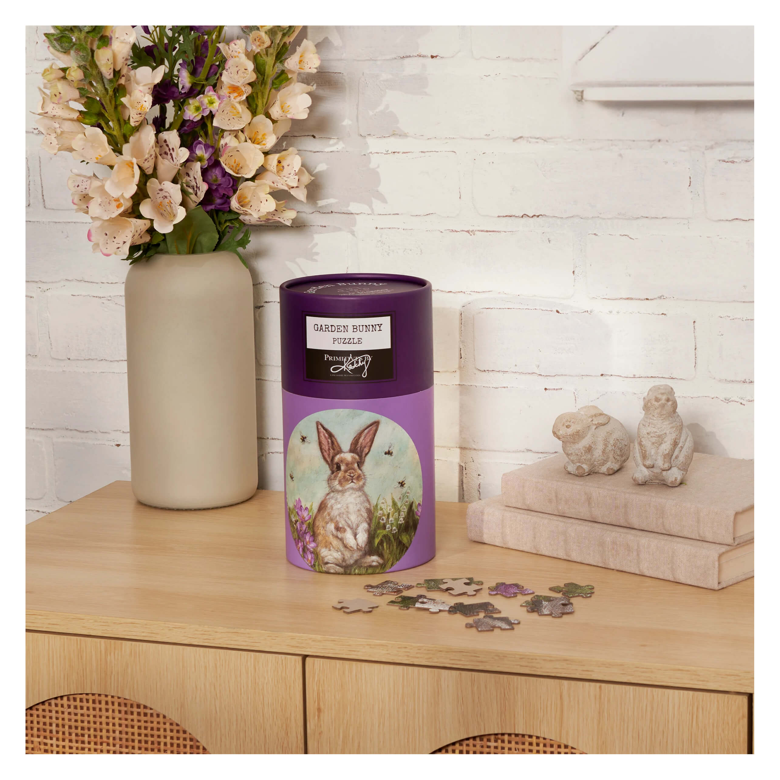 Purple cylindrical garden bunny puzzle box with detailed brown and white bunny surrounded by purple flowers for retro easter puzzle fun