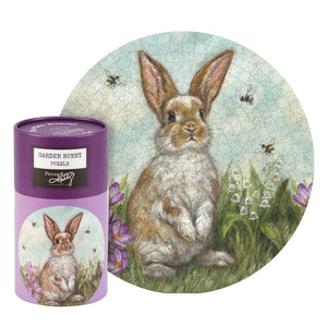 A circular garden bunny puzzle with brown and white bunny, purple flowers and bees, perfect retro easter puzzle