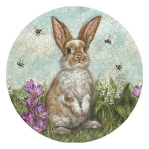 Circular garden bunny puzzle featuring a brown and white rabbit with bees and crocuses perfect for retro easter puzzle fans