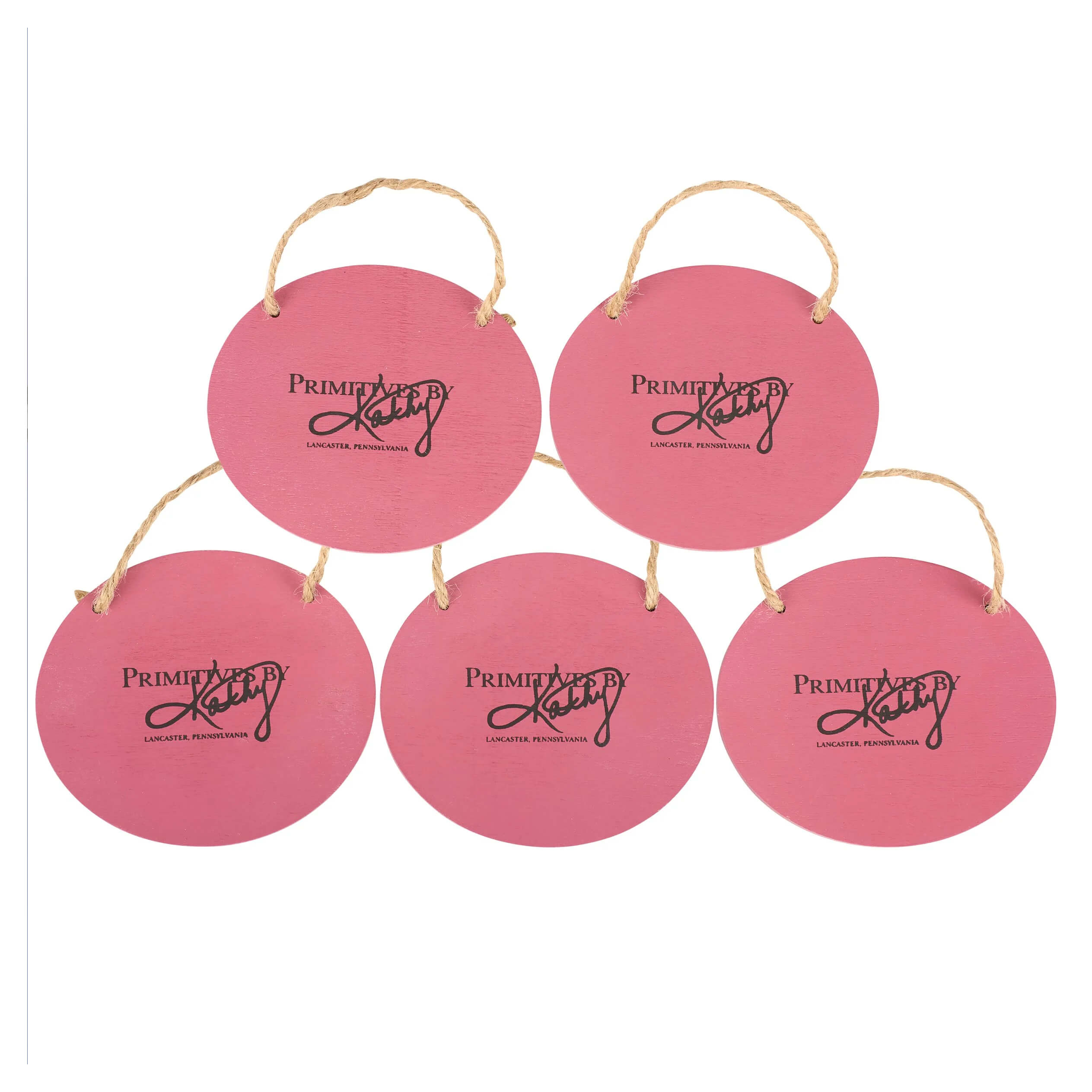 Pink circular wooden valentines day ornaments with primitives by kathy branding and twine hangers set of 5
