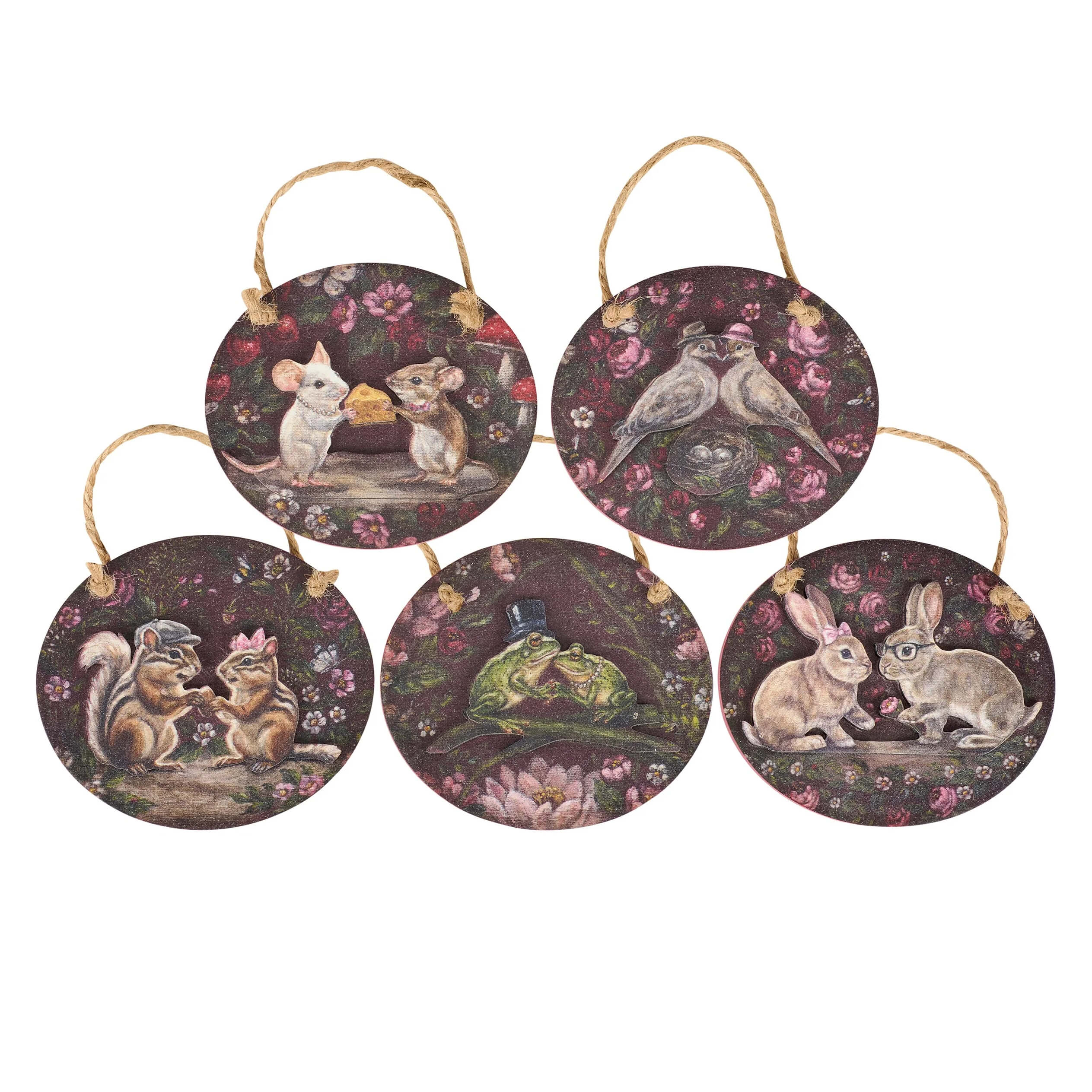 Set of five round wooden valentine’s day ornaments with whimsical animal couples on dark floral background