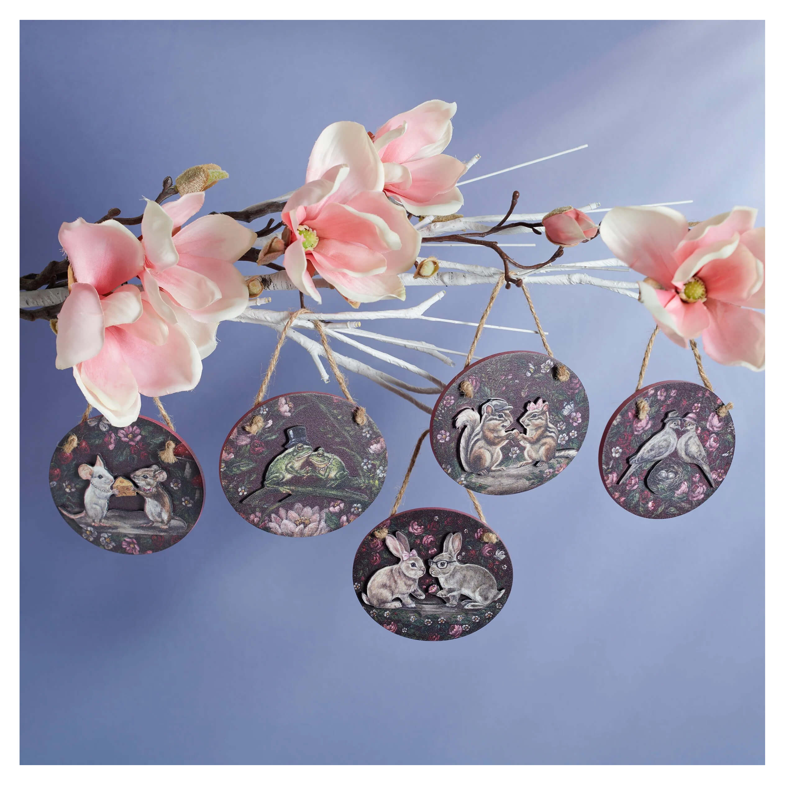 Circular wooden valentine’s day ornaments set of 5 with delicate animal illustrations in muted tones on twine