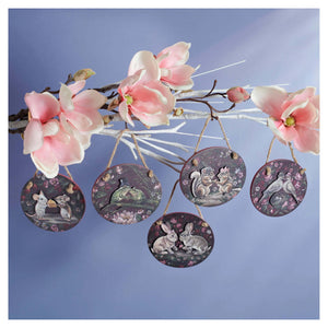 Circular wooden valentine’s day ornaments set of 5 with delicate animal illustrations in muted tones on twine