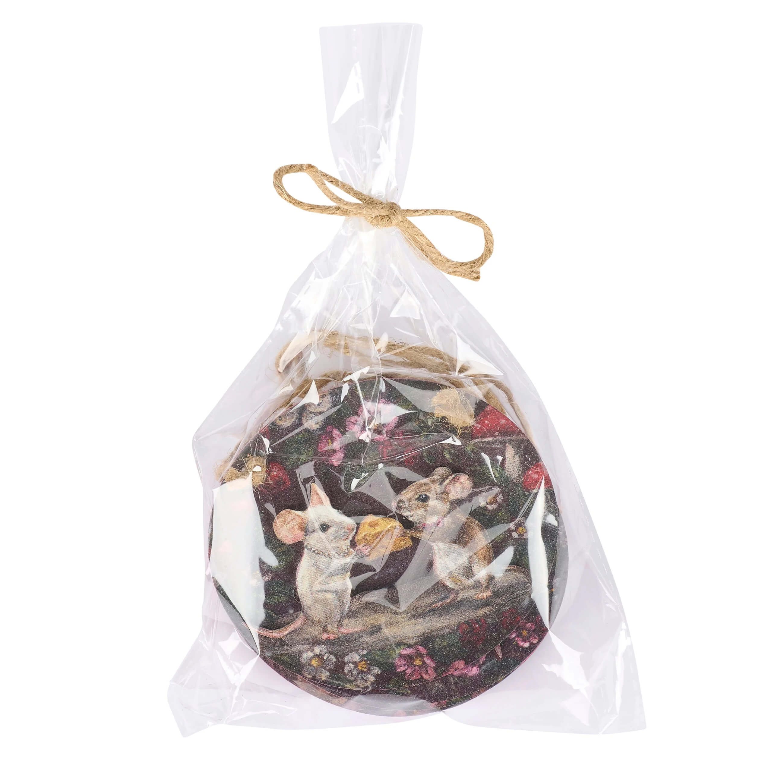 Circular coaster from garden love ornaments set with two vintage mice and floral dark background perfect for valentine’s day ornaments