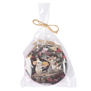 Circular coaster from garden love ornaments set with two vintage mice and floral dark background perfect for valentine’s day ornaments
