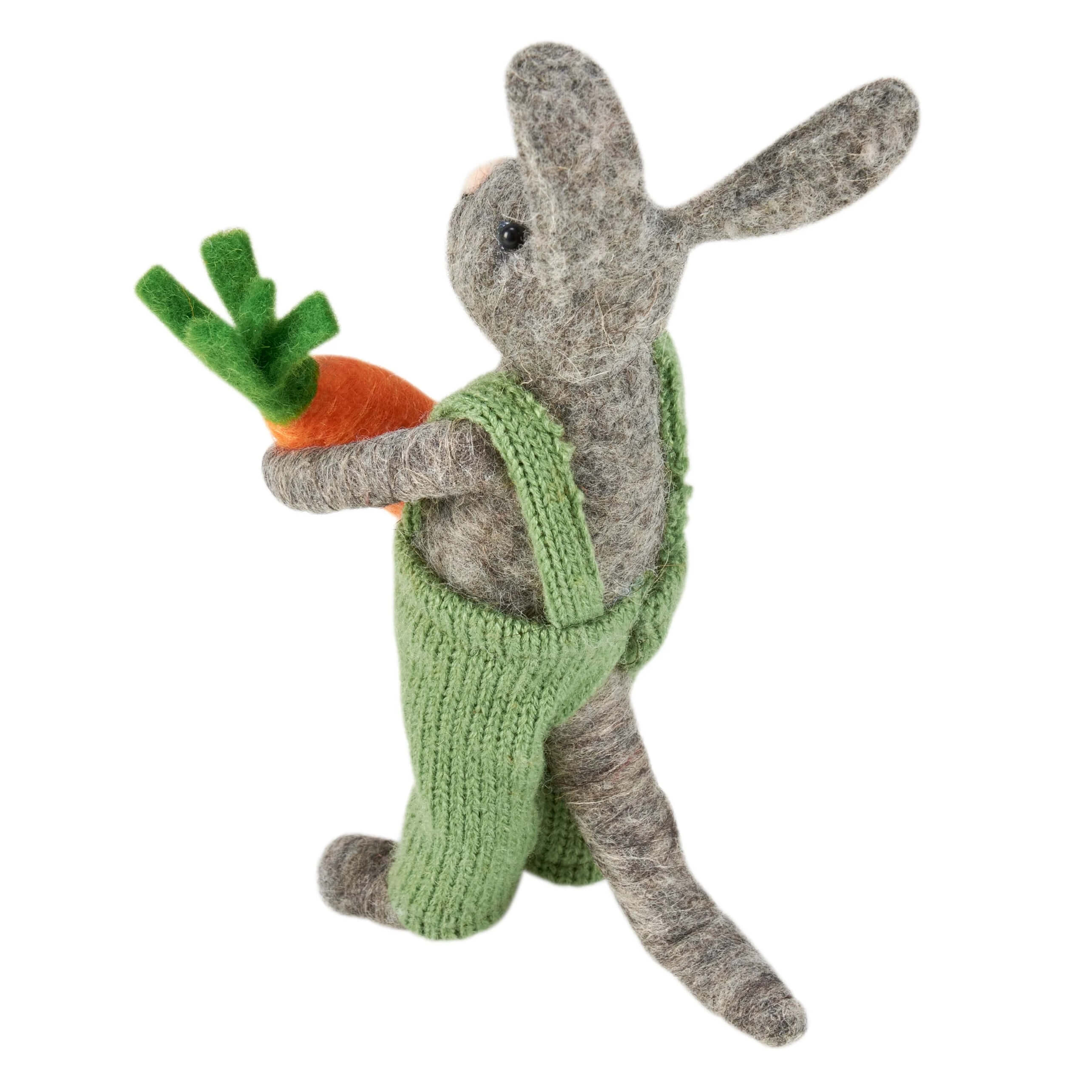 Gray felt vintage easter bunny figural decor wearing green knitted overalls holding a carrot rabbit critter