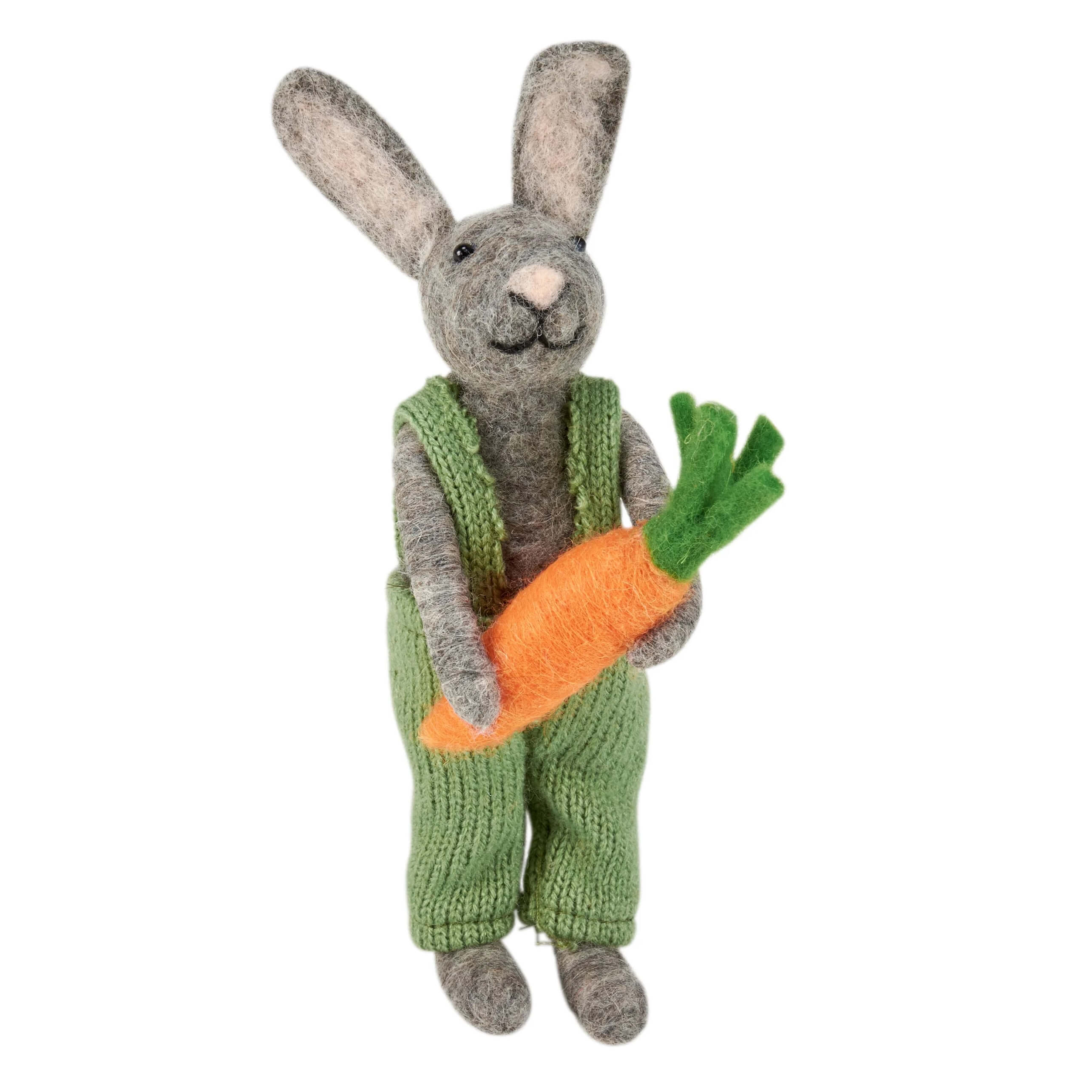 Gray felt rabbit critter wearing green knitted overalls holding an orange carrot vintage easter bunny figural decor