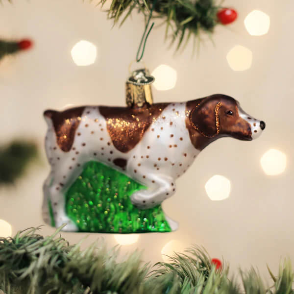 A glossy glass christmas ornament shaped like a brown and white spotted german shorthaired pointer with glittery green grass beneath it