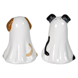 Ceramic ghost dogs salt and pepper shakers set of 2 with tan and black white markings from gallerie ii halloween collection
