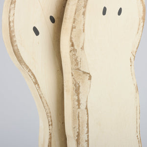 Weathered cream wooden ghost duo chunky sitter with black oval eyes perfect for halloween decor