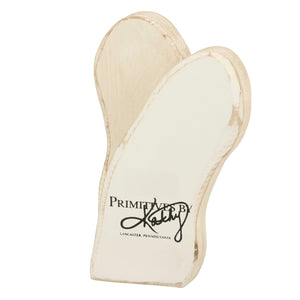 A rustic off-white wooden heart shaped ghost duo chunky sitter with distressed finish and primitives by kathy logo
