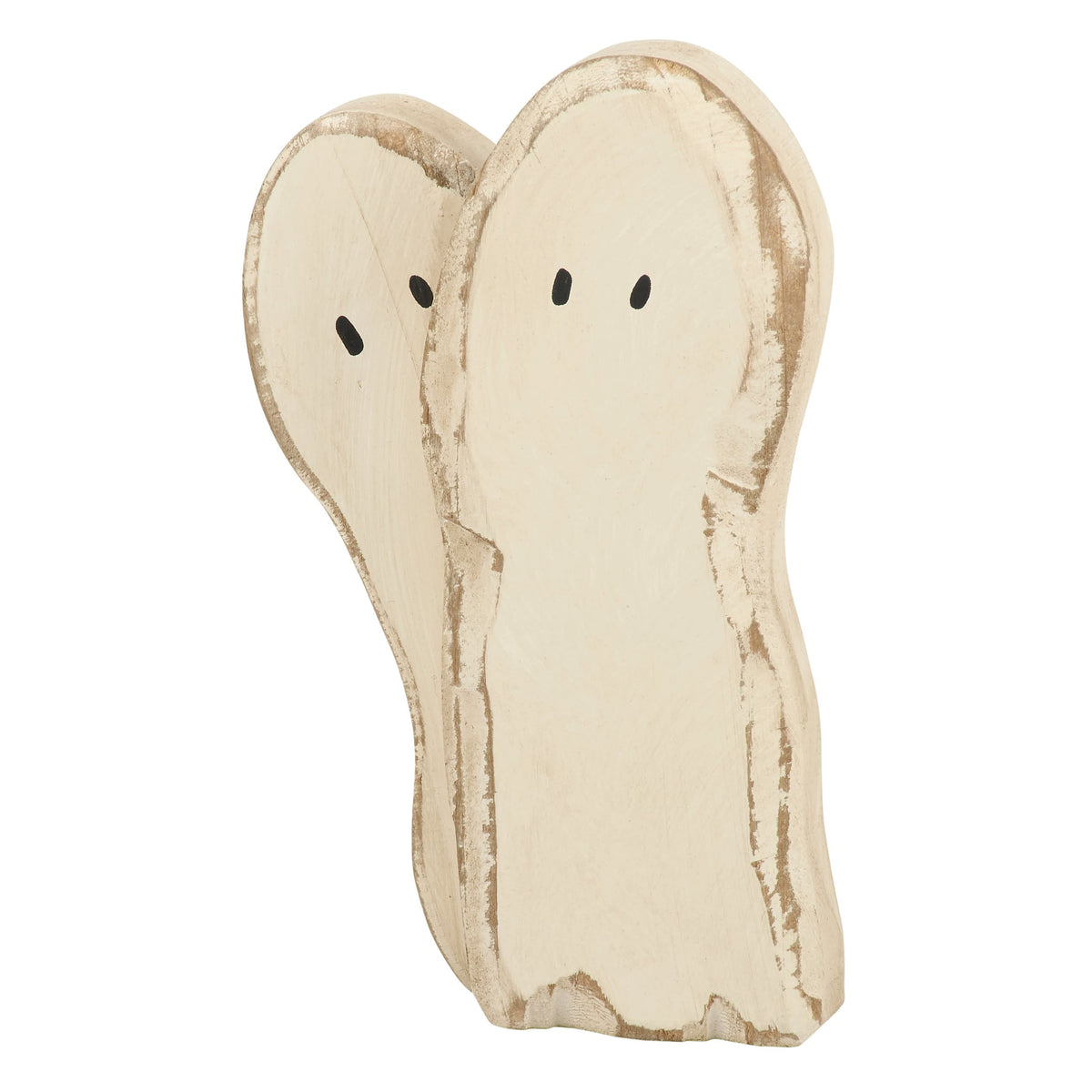 Cream-colored wooden ghost duo chunky sitter with distressed finish and simple black dot eyes perfect for spooky decor