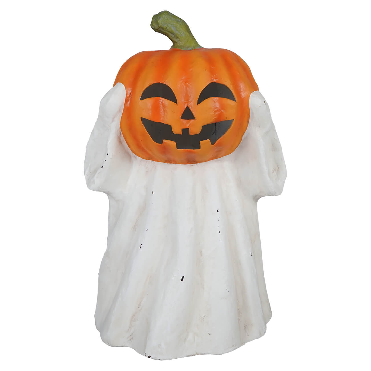 A white halloween ghost with a glowing orange pumpkin head perfect for spooky ghost jack o lantern decor