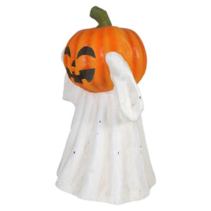 A white ghost jack o lantern figurine with a carved orange pumpkin head and green stem for halloween decor