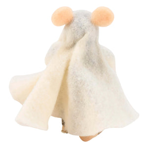 A soft off-white felt ghost mouse critter puppet with peach ears and a flowing hooded cape from kathy’s halloween collection