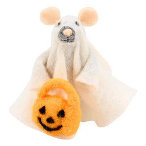 A white felt ghost mouse critter with pink ears and gray face holding an orange pumpkin basket from kathy’s halloween collection