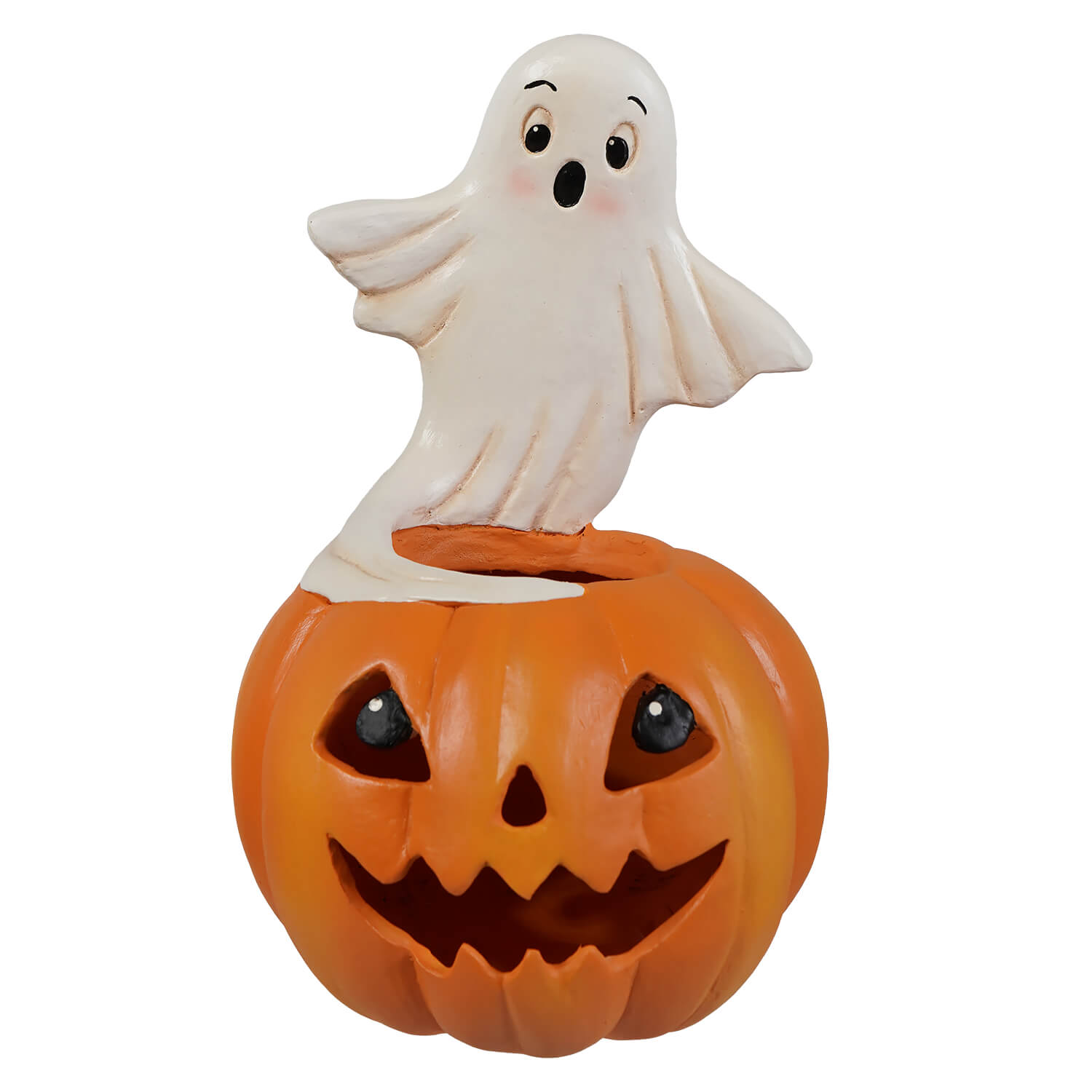 A cheerful white ghost figure with black eyes on an orange jack o lantern made of plastic halloween ghost figures decor and ornaments