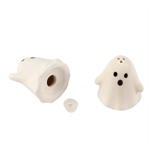 Cute white ceramic halloween ghost figures salt & pepper shakers with black dot eyes and mouth set of 2