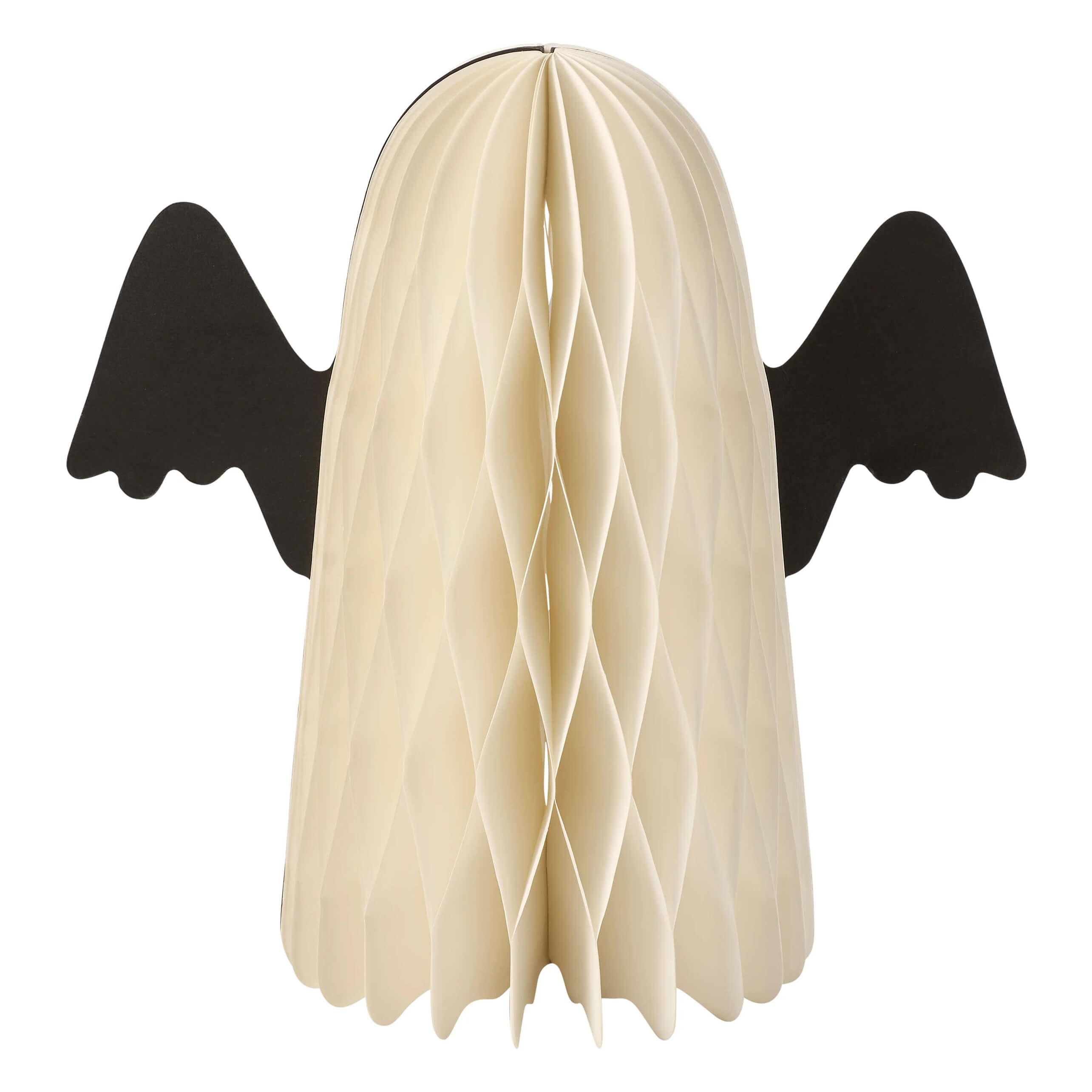 Cream-colored honeycomb ghost sitter accordian paper decoration with black wing cutouts halloween paper decoration features