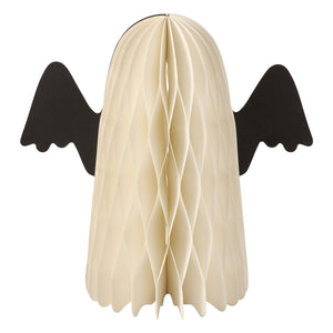 Cream-colored honeycomb ghost sitter accordian paper decoration with black wing cutouts halloween paper decoration features