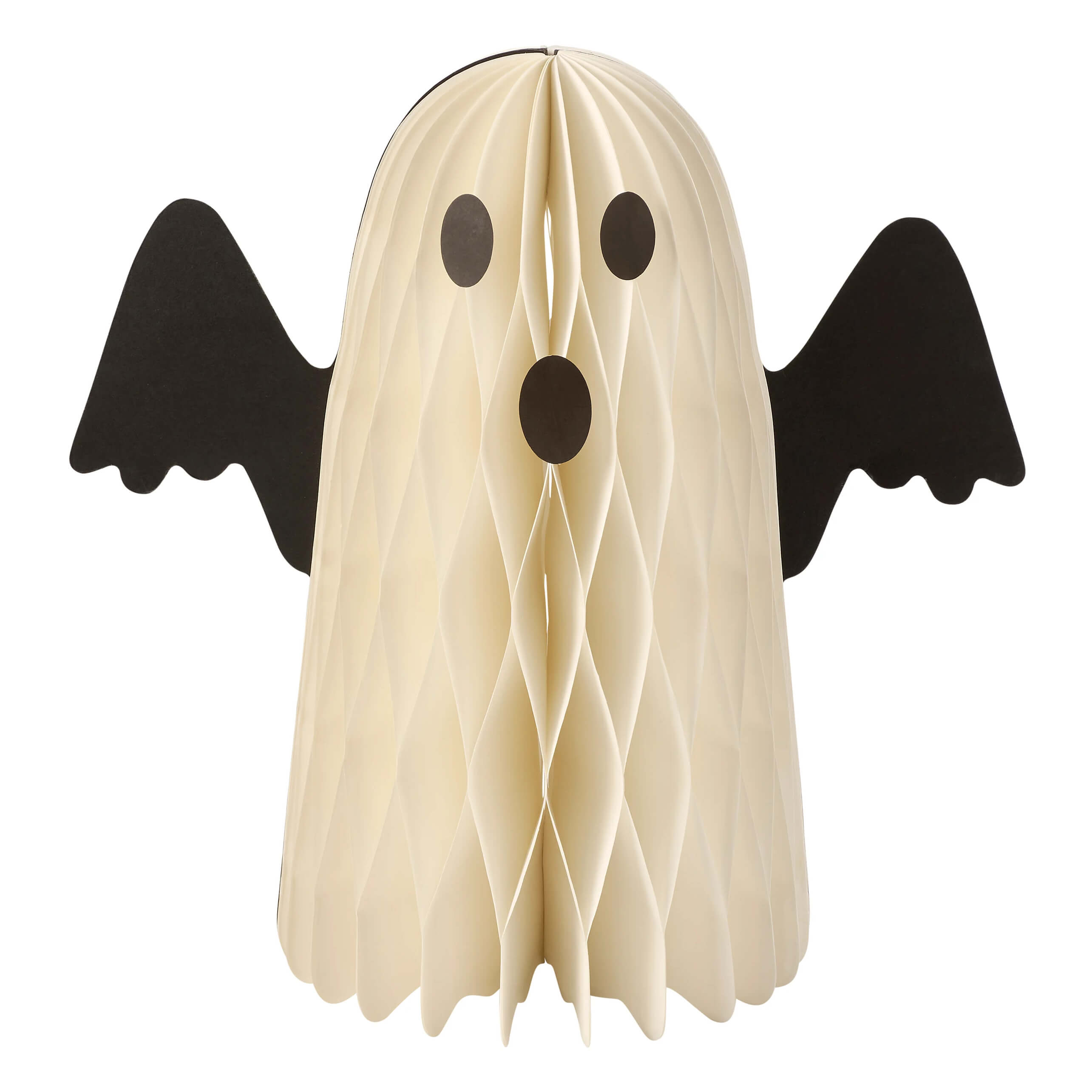 Cream-colored ghost sitter accordion paper decoration with honeycomb body black paper wings and circular eyes for halloween paper decoration