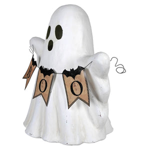 White ghost figurine with black cutout eyes and mouth holding brown paper boo garland with bat borders for halloween ghosts