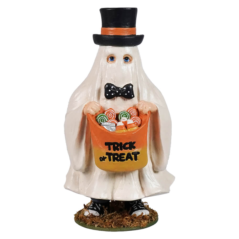 A halloween ghosts figure ghostie cullen boy white ghost figurine with top hat and trick or treat bag