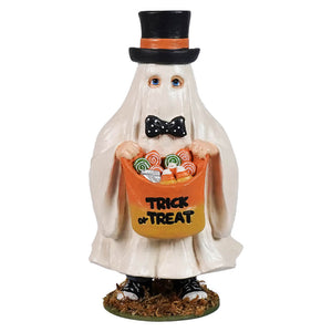 A halloween ghosts figure ghostie cullen boy white ghost figurine with top hat and trick or treat bag