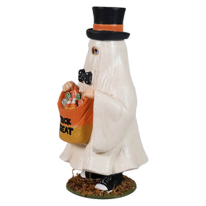 A white ghostie cullen boy figurine wearing a black top hat holding an orange trick or treat bag halloween ghosts figures