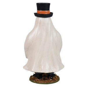 A ghostie cullen boy white ghost figurine with black top hat and orange band standing on a grassy base halloween ghosts figures