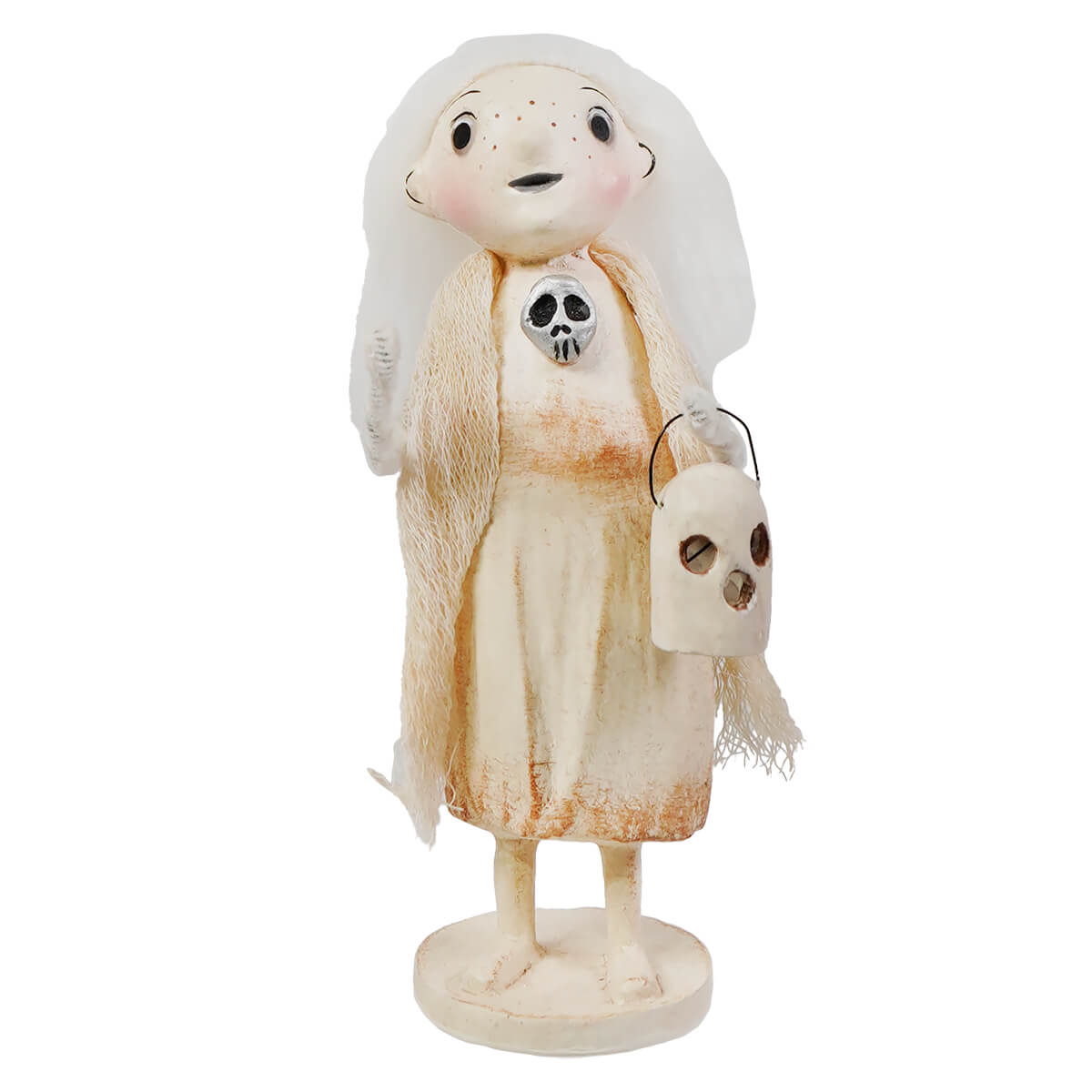 A whimsical cream-colored ghostly grace figurine with lace veil scarf holding a skull lantern for halloween ghost figures decor and ornaments