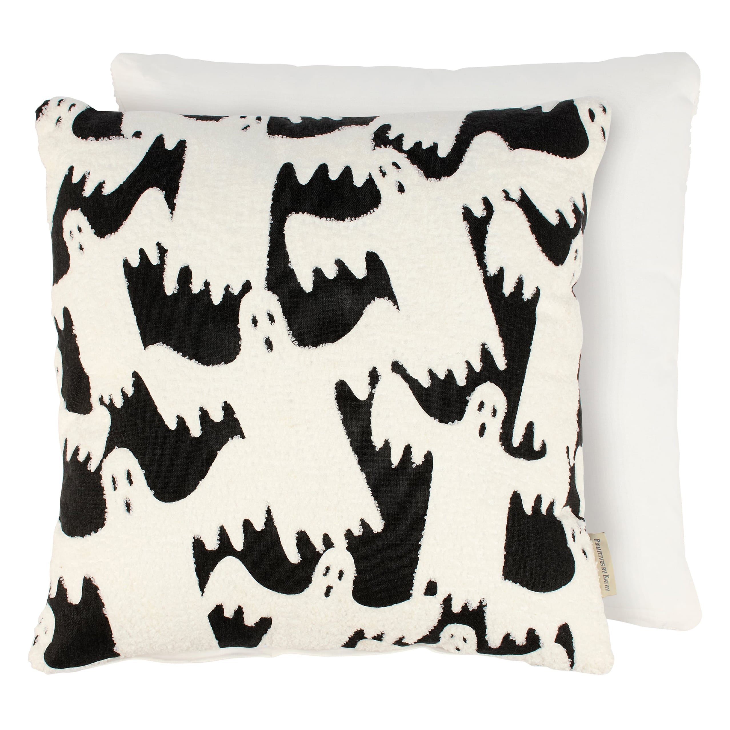 A plush white ghosts pillow with bold black ghost patterns and dripping textured outlines on a white background