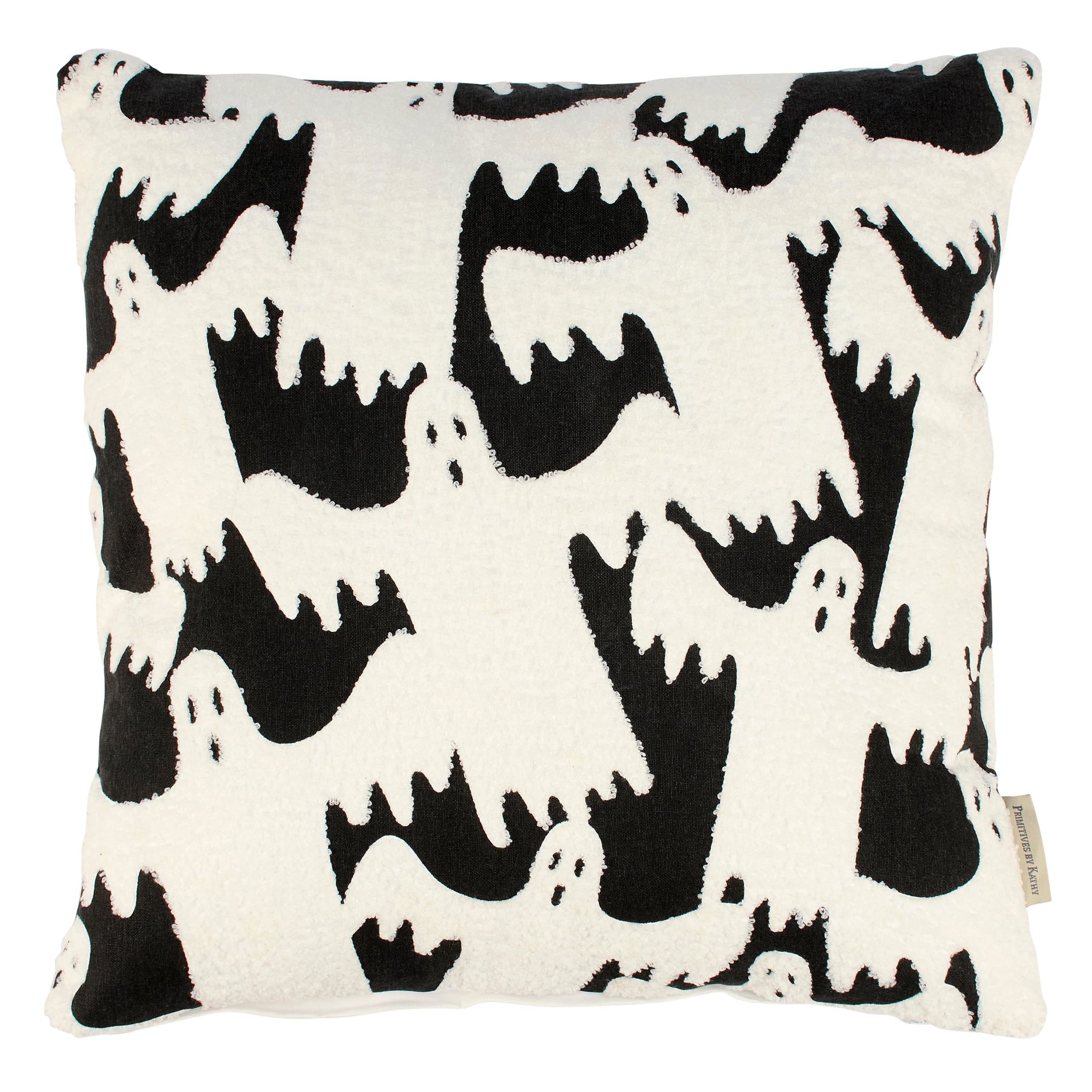 A plush ghosts pillow with bold white ghosts dripping on a black background perfect for spooky decor
