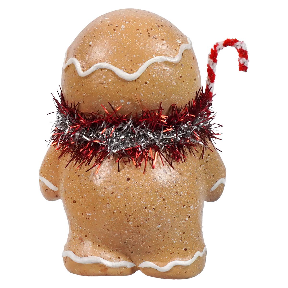 A festive gingerbread boy figurine with white icing and a red silver tinsel scarf holding a candy cane spreading holiday cheer