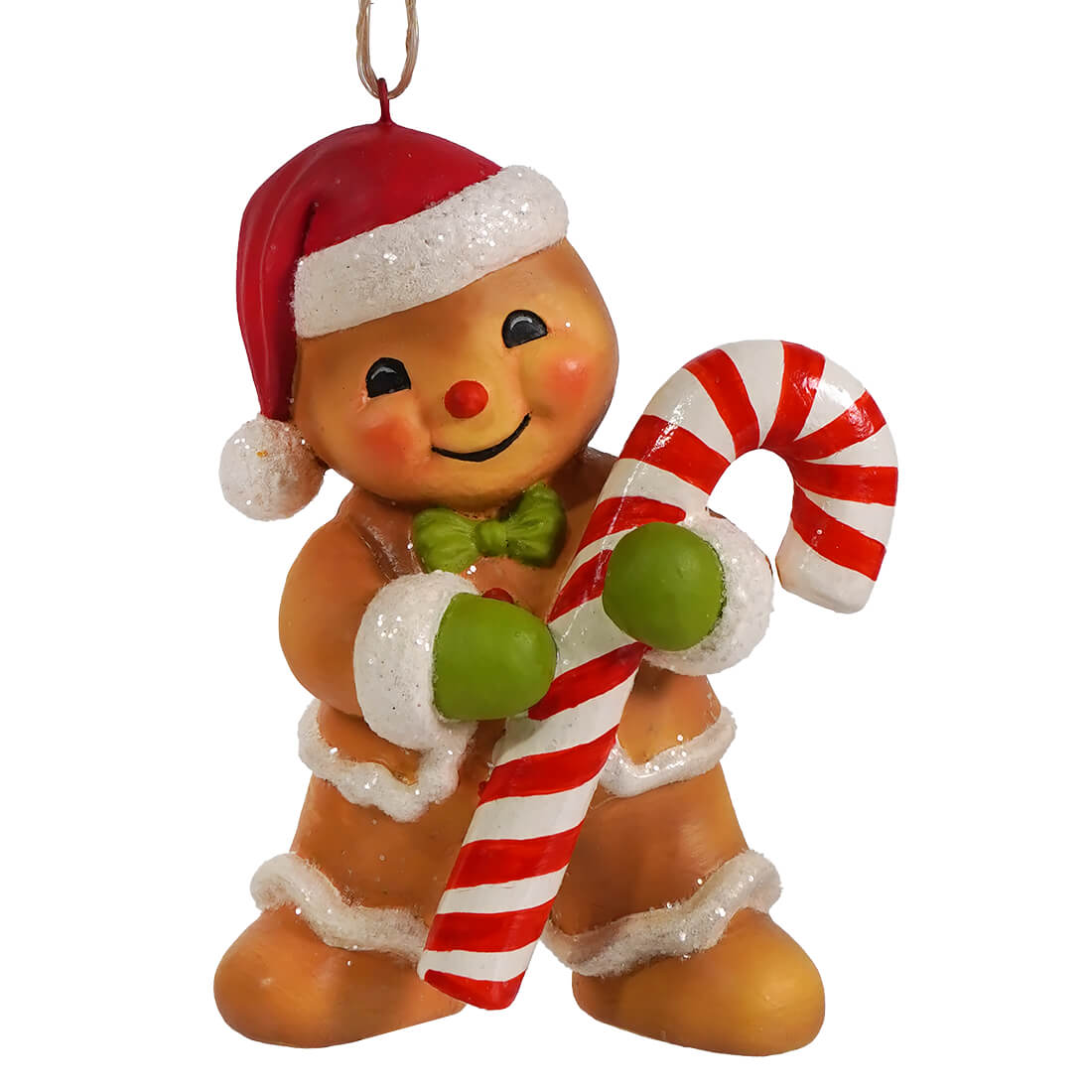 Cheerful gingerbread george ornament with santa hat and candy cane, perfect figural decor by bethany lowe