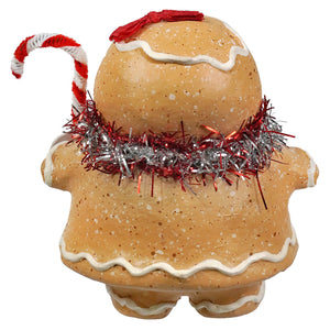 Festive gingerbread girl figurine with speckled tan body white icing red silver tinsel candy cane bethany lowe designs gingerbread decor