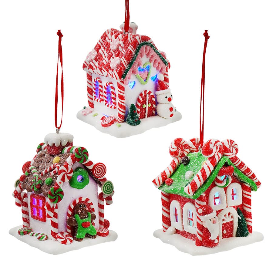 Gingerbread LED Candy House Ornaments Set/3