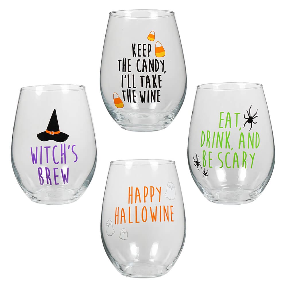 Glass 18oz Halloween Stemless Wine Glasses Set/4