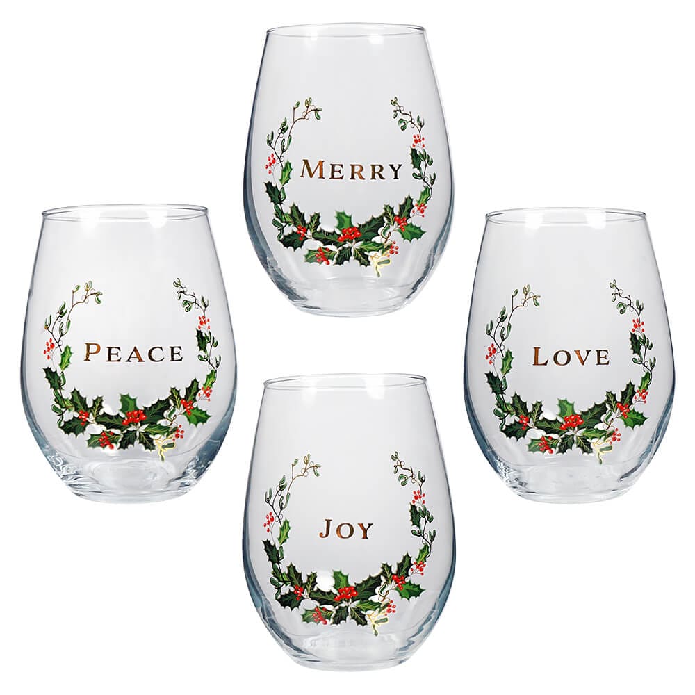 Glass 18oz Holiday Stemless Wine Glasses Set/4