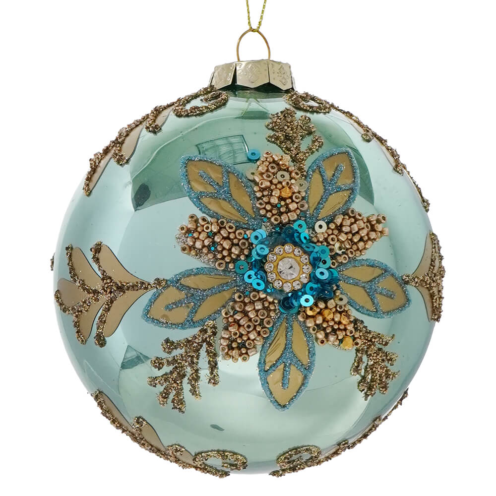 Glass aqua and gold floral design ball ornament with teal glass, gold details, blue sequins, and beads for christmas decorations