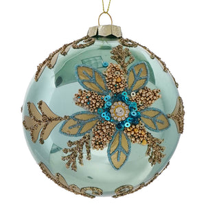 Glass aqua and gold floral design ball ornament with teal glass, gold details, blue sequins, and beads for christmas decorations