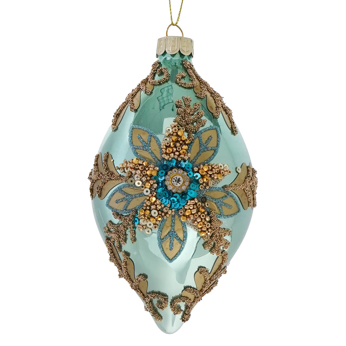 A teal glass kurt adler ornament with gold floral design and blue beaded floral design drop details