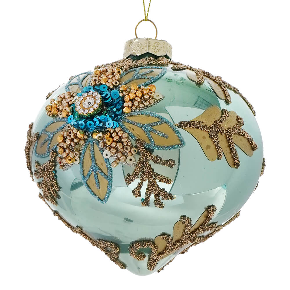 A light blue glass aqua and gold floral design onion ornament with teal beads fits vintage reflector and indent ornaments