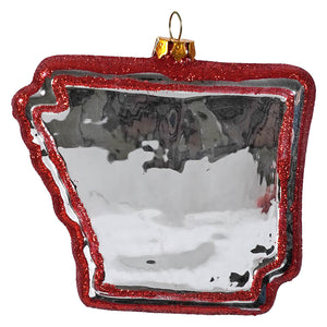 Red glitter-edged glass arkansas state ornament with mirrored interior perfect for travel and location themed ornaments