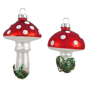 Glass mushroom ornaments set of 2 red and white polka-dotted clip-on glass mushroom with silver caps and green moss accents