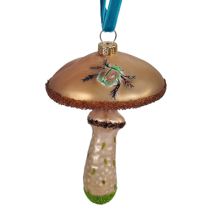 Glass Beaded Beetle On Mushroom Ornament - Ornaments