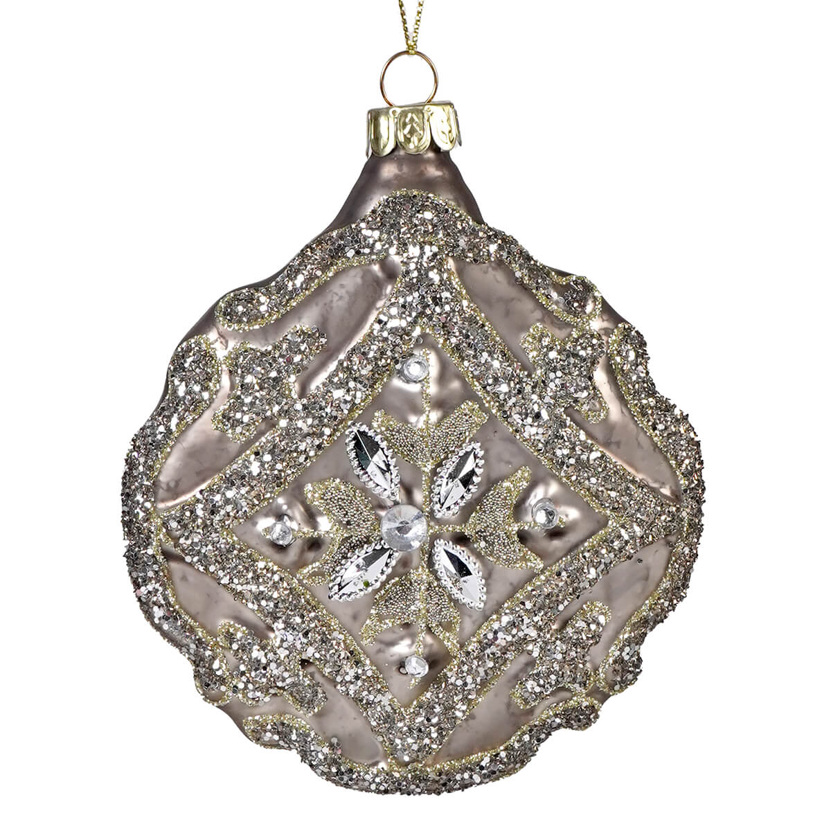 Ornate glass beaded and sequined champagne disk ornament in silver, a traditional vintage christmas ornament design