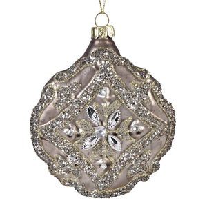 Ornate glass beaded and sequined champagne disk ornament in silver, a traditional vintage christmas ornament design