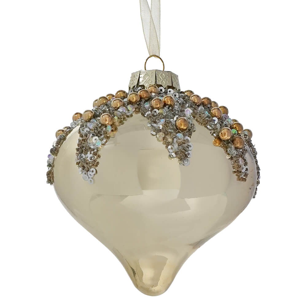 Beaded glass metallic champagne onion ornament in gold perfect for festive holiday decor