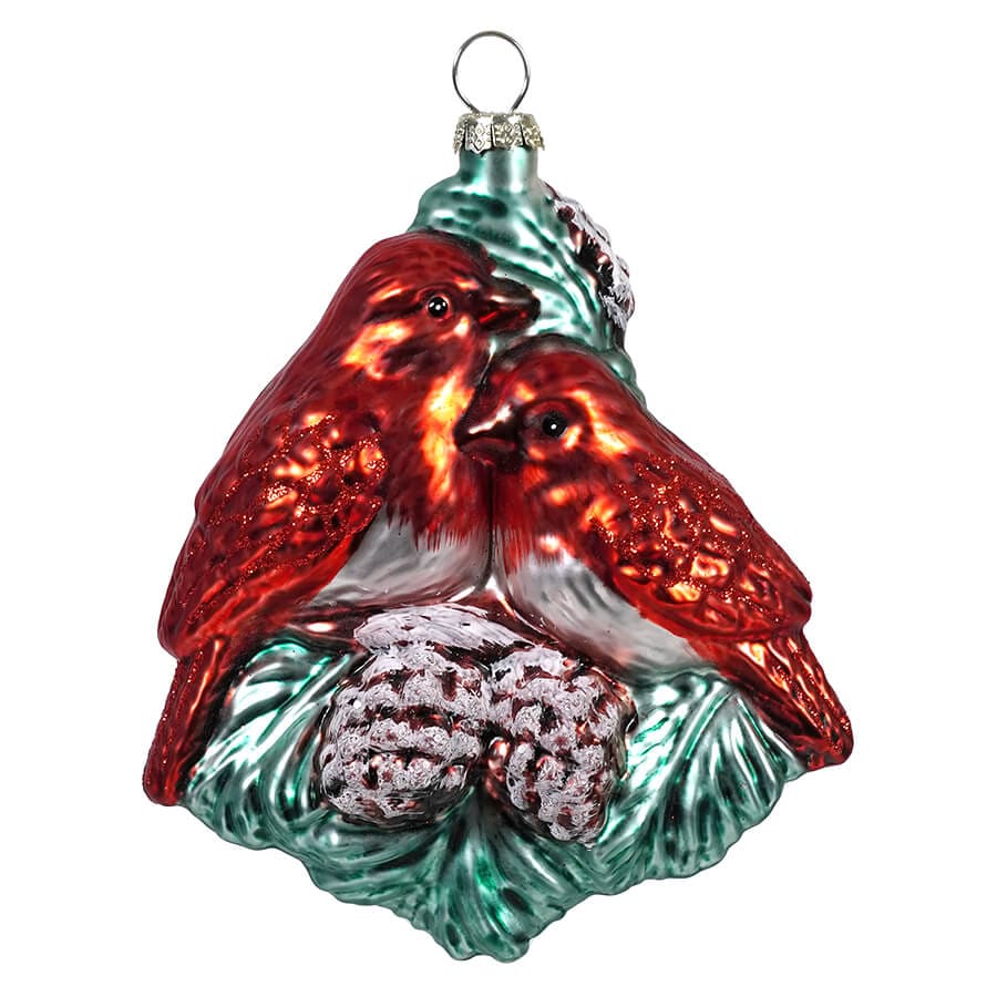 Glass Birds Snuggling On Pinecones Ornament - Ornaments